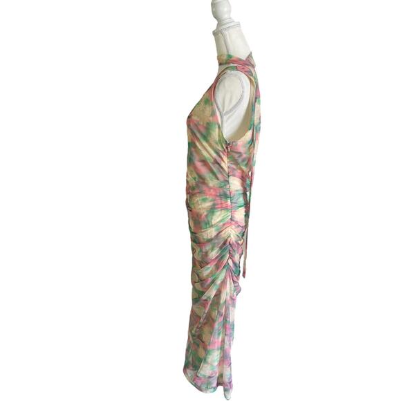 ASTR the Label Abstract Print Asymmetric Midi Green Pink Ruched Dress Size XL - Picture 4 of 15